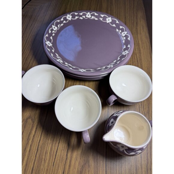 Vintage Jaliang Floral Ceramic Tea Set With Plates Creamer & Sugar Bowl Purple & - Picture 3 of 13